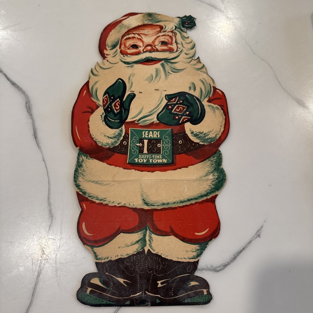 Sears 1948 Christmas Mechanical Winking Santa Claus Happi-Time Toy Town Die Cut